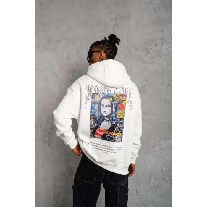 Erkek Baskılı Kapüşonlu ve Kanguru Cepli Sweatshirt hoodie - Beyaz