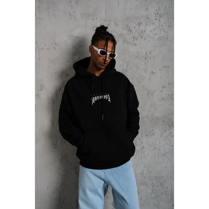 Erkek Baskılı Kapüşonlu ve Kanguru Cepli Sweatshirt hoodie- Siyah