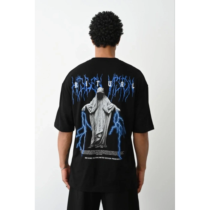 Erkek Baskılı Oversize  Kısa kol T-Shirt - Siyah