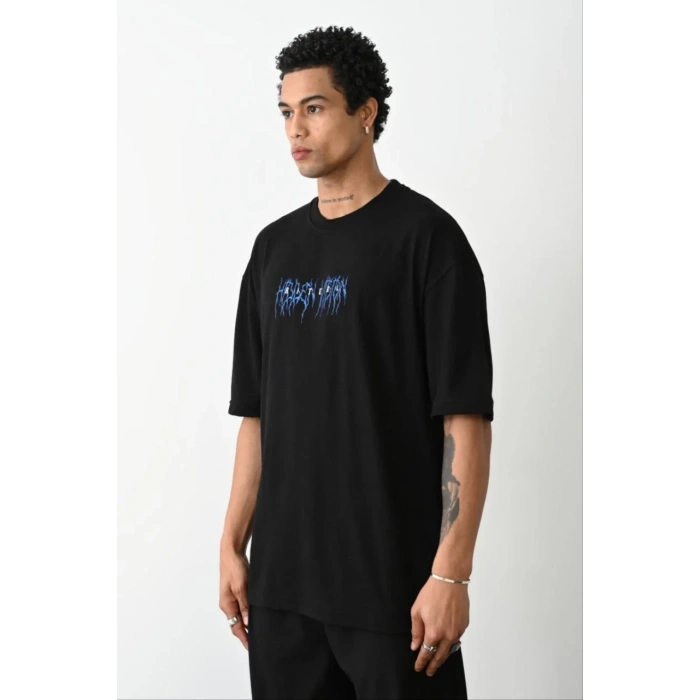 Erkek Baskılı Oversize  Kısa kol T-Shirt - Siyah