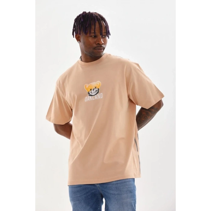 Erkek Baskılı T-Shirt Kısa Kol Bisiklet Yaka Rahat Kalıp Tişört - Bej