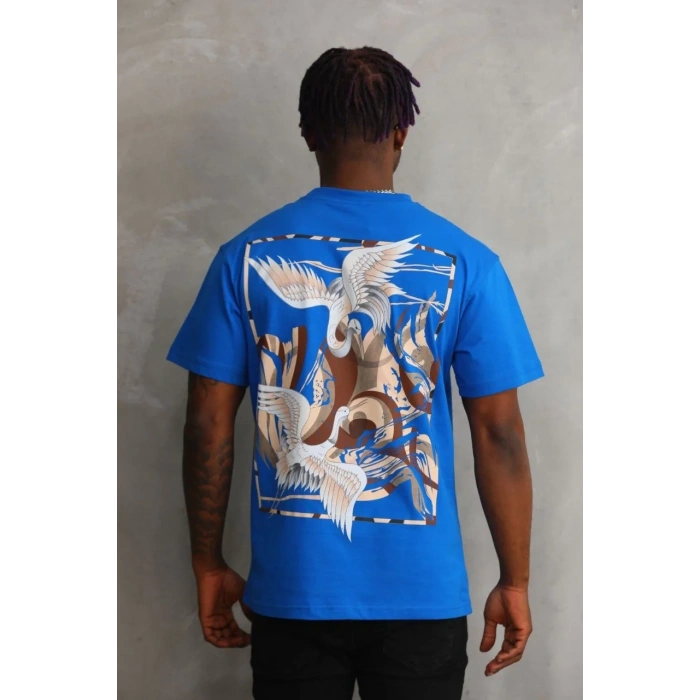 Erkek Baskılı T-Shirt Kısa Kol Bisiklet Yaka Rahat Kalıp Tişört - Mavi