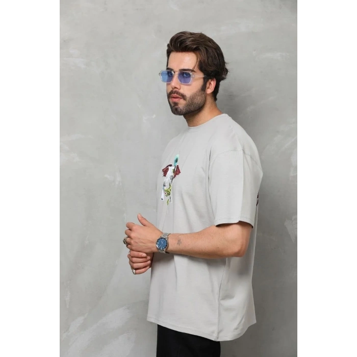 Erkek Baskılı T-Shirt Kısa Kol Bisiklet Yaka Regular Fit Rahat Kalıp Tişört -  Gri