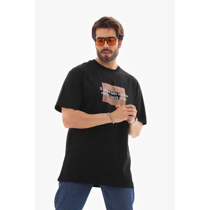 Erkek Baskılı T-Shirt Kısa Kol Bisiklet Yaka Regular Fit Rahat Kalıp Tişört -  Siyah
