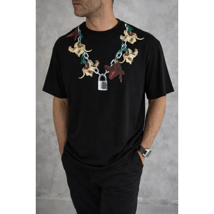 Erkek Baskılı T-Shirt Kısa Kol Bisiklet Yaka Regular Fit Rahat Tişört - Siyah