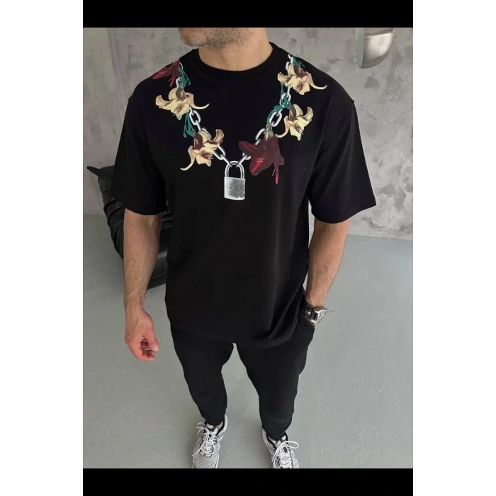 Erkek Baskılı T-Shirt Kısa Kol Bisiklet Yaka Regular Fit Rahat Tişört - Siyah