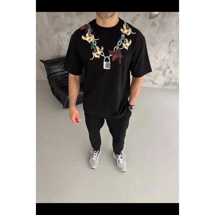 Erkek Baskılı T-Shirt Kısa Kol Bisiklet Yaka Regular Fit Rahat Tişört - Siyah