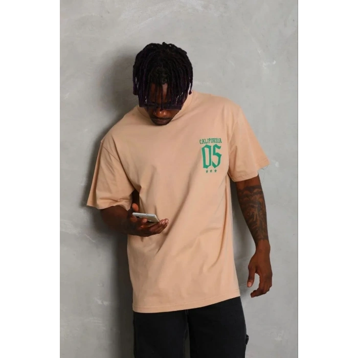 Erkek Baskılı T-Shirt Kısa Kol Bisiklet Yaka Regular Fit Tişört - Bej