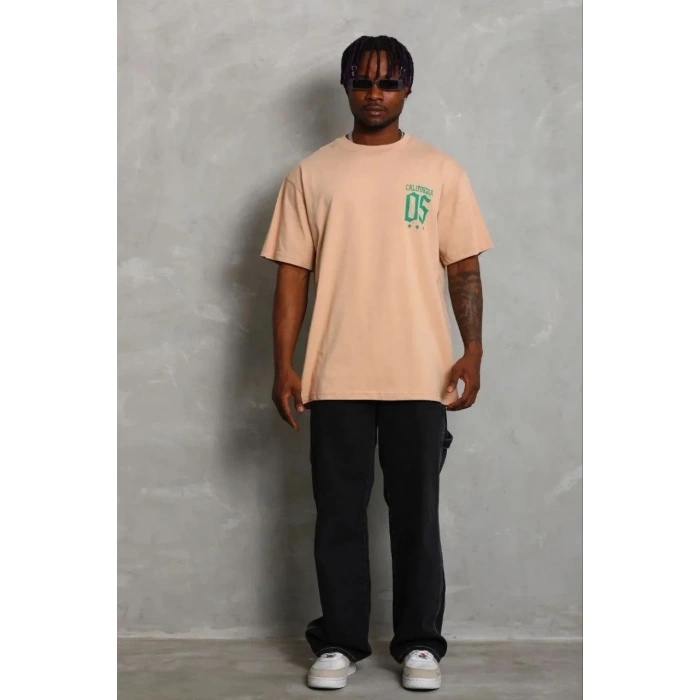 Erkek Baskılı T-Shirt Kısa Kol Bisiklet Yaka Regular Fit Tişört - Bej