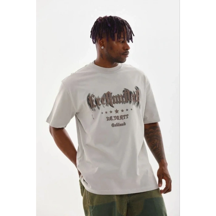 Erkek Baskılı T-Shirt Kısa Kol Bisiklet Yaka Regular Fit Tişört - Gri