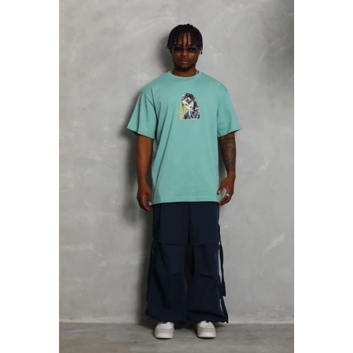 Erkek Baskılı T-Shirt Kısa Kol Bisiklet Yaka Regular Fit Tişört - Mint Yeşili