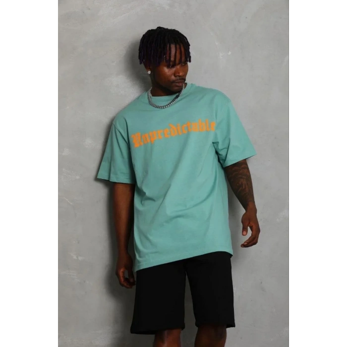 Erkek Baskılı T-Shirt Kısa Kol Bisiklet Yaka Regular Fit Tişört - Mint Yeşili