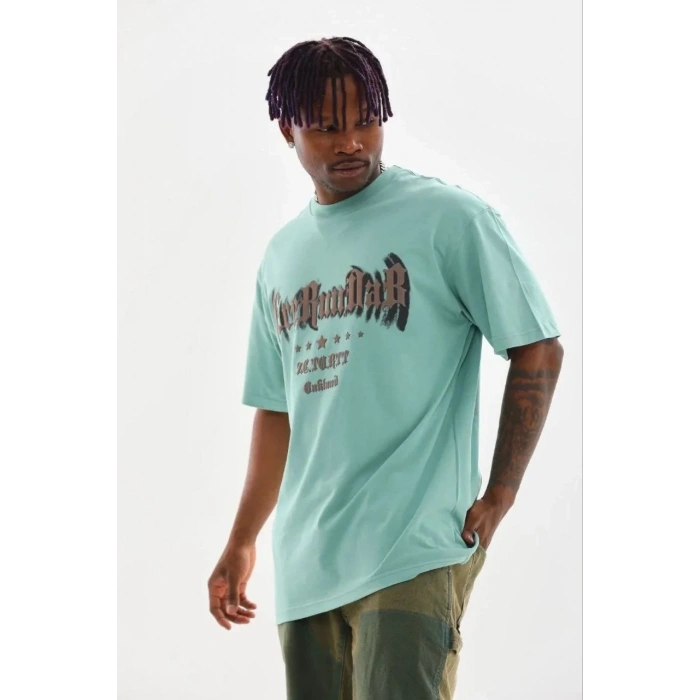 Erkek Baskılı T-Shirt Kısa Kol Bisiklet Yaka Regular Fit Tişört - Mint Yeşili