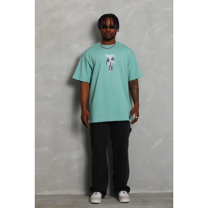 Erkek Baskılı T-Shirt Kısa Kol Bisiklet Yaka Regular Fit Tişört - Mint Yeşili