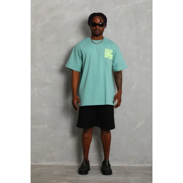 Erkek Baskılı T-Shirt Kısa Kol Bisiklet Yaka Regular Fit Tişört - Mint Yeşili