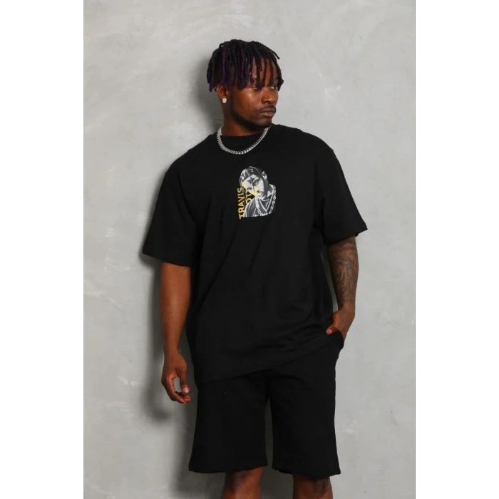 Erkek Baskılı T-Shirt Kısa Kol Bisiklet Yaka Regular Fit Tişört - Siyah