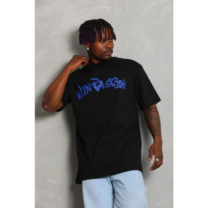 Erkek Baskılı T-Shirt Kısa Kol Bisiklet Yaka Regular Fit Tişört - Siyah