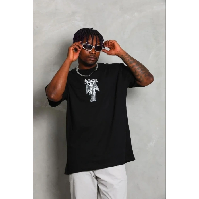 Erkek Baskılı T-Shirt Kısa Kol Bisiklet Yaka Regular Fit Tişört - Siyah