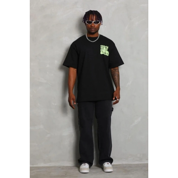 Erkek Baskılı T-Shirt Kısa Kol Bisiklet Yaka Regular Fit Tişört - Siyah