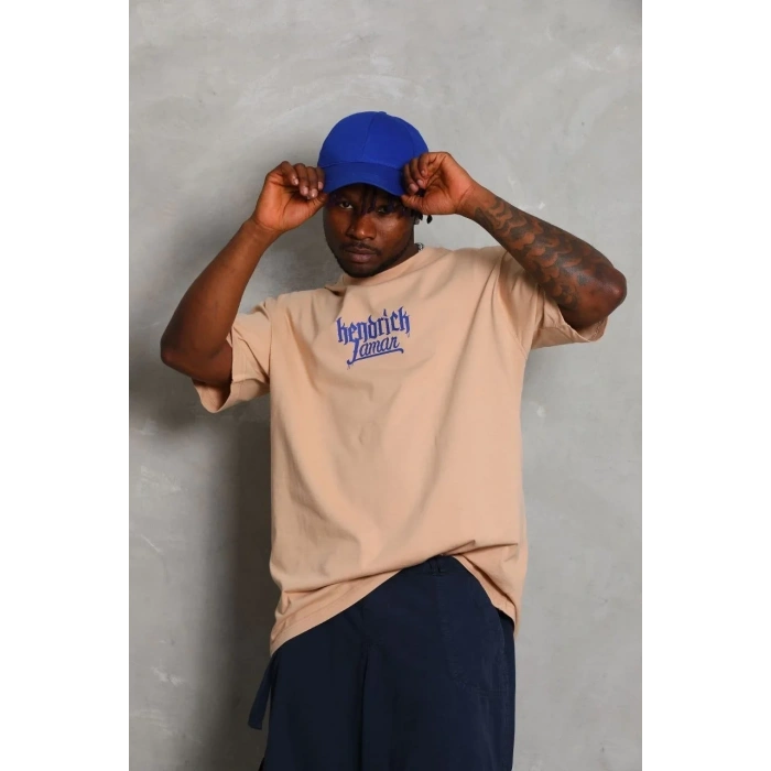 Erkek Baskılı Tişört Kısa Kol Bisiklet Yaka Oversize T-Shirt - Bej