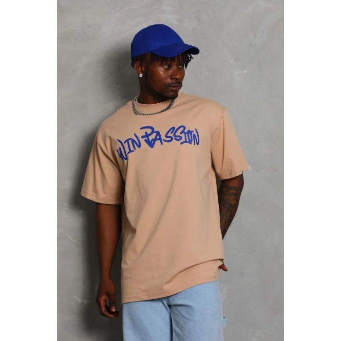 Erkek Baskılı Tişört Kısa Kol Bisiklet Yaka Oversize T-Shirt - Bej