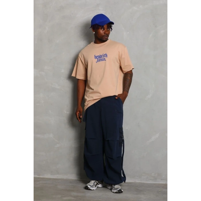 Erkek Baskılı Tişört Kısa Kol Bisiklet Yaka Oversize T-Shirt - Bej