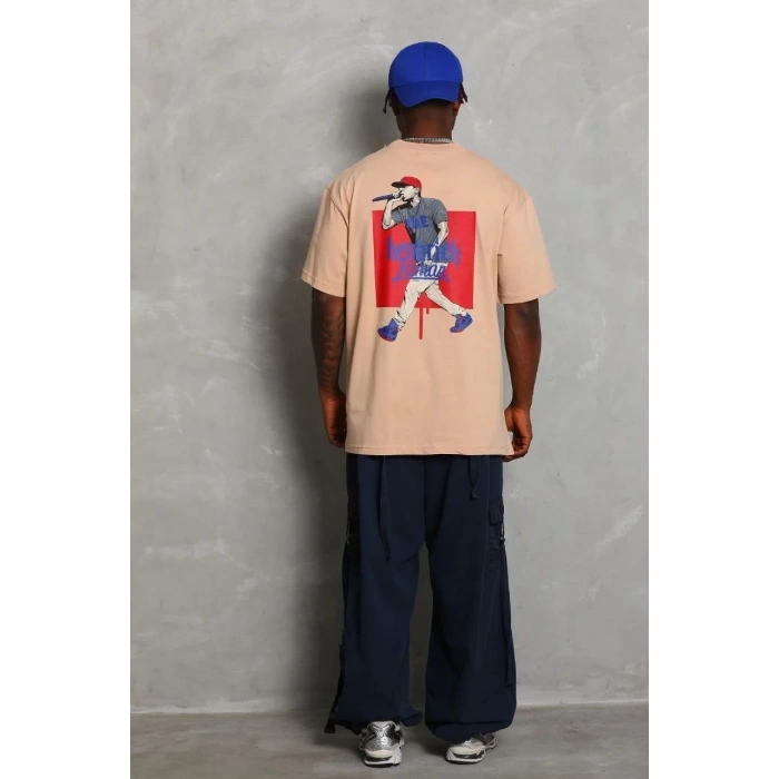 Erkek Baskılı Tişört Kısa Kol Bisiklet Yaka Oversize T-Shirt - Bej