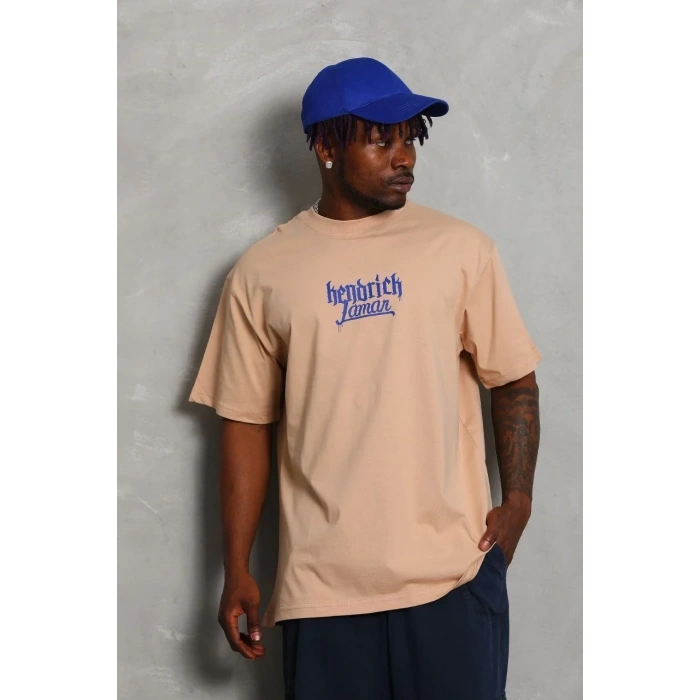 Erkek Baskılı Tişört Kısa Kol Bisiklet Yaka Oversize T-Shirt - Bej