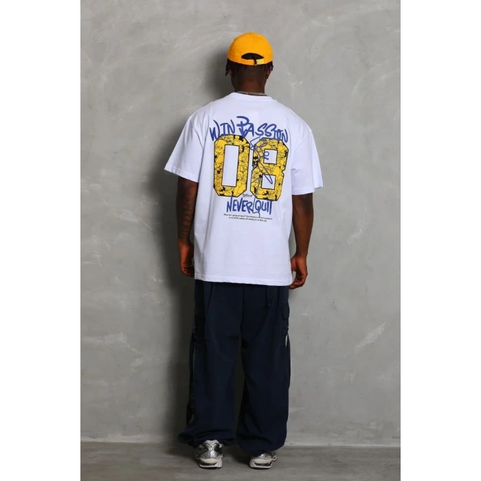 Erkek Baskılı Tişört Kısa Kol Bisiklet Yaka Oversize T-Shirt - Beyaz