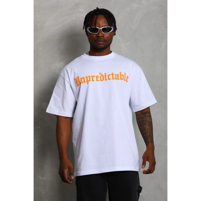 Erkek Baskılı Tişört Kısa Kol Bisiklet Yaka Oversize T-Shirt - Beyaz