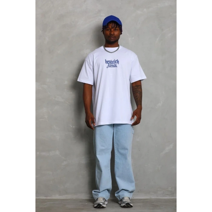 Erkek Baskılı Tişört Kısa Kol Bisiklet Yaka Oversize T-Shirt - Beyaz