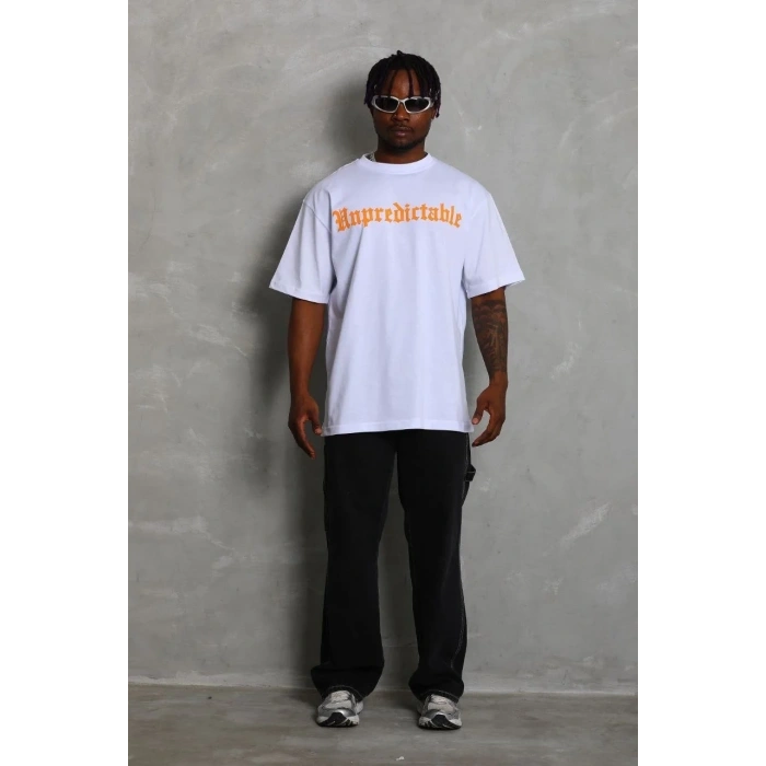 Erkek Baskılı Tişört Kısa Kol Bisiklet Yaka Oversize T-Shirt - Beyaz