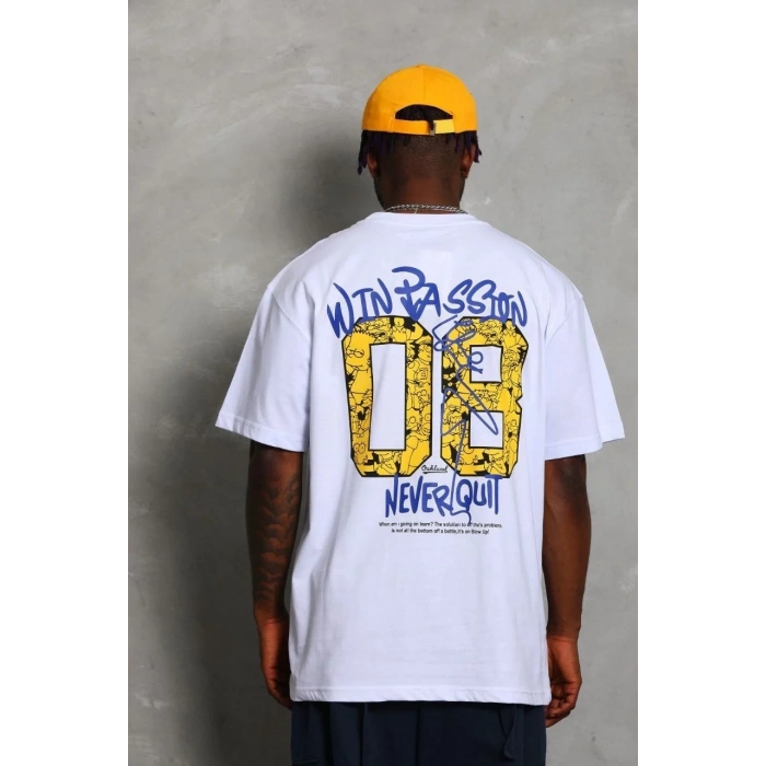Erkek Baskılı Tişört Kısa Kol Bisiklet Yaka Oversize T-Shirt - Beyaz