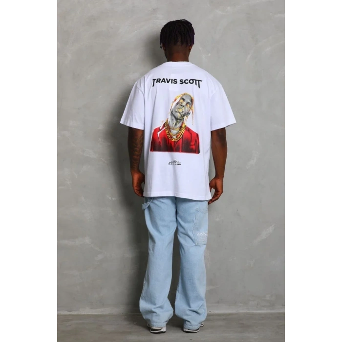 Erkek Baskılı Tişört Kısa Kol Bisiklet Yaka Oversize T-Shirt - Beyaz