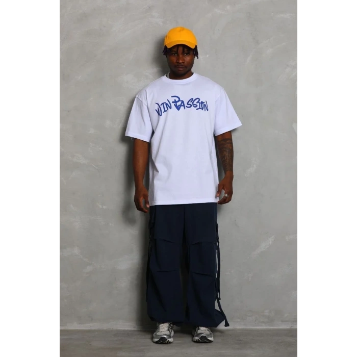 Erkek Baskılı Tişört Kısa Kol Bisiklet Yaka Oversize T-Shirt - Beyaz