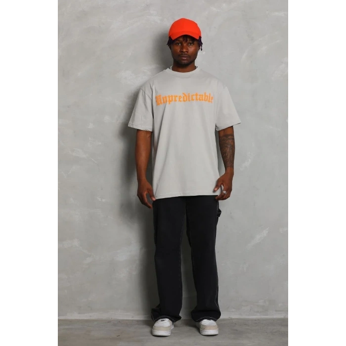 Erkek Baskılı Tişört Kısa Kol Bisiklet Yaka Oversize T-Shirt - Gri