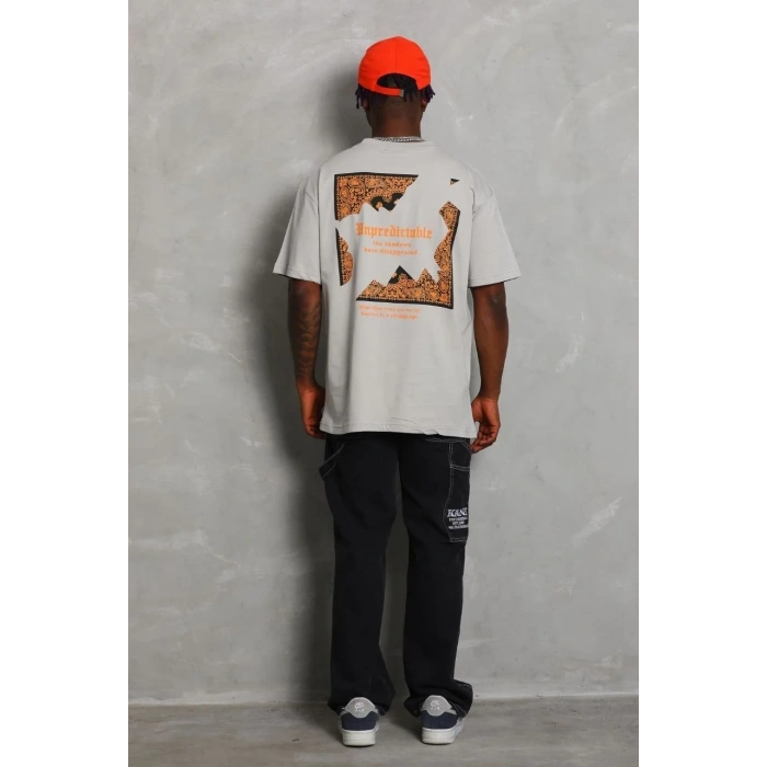 Erkek Baskılı Tişört Kısa Kol Bisiklet Yaka Oversize T-Shirt - Gri