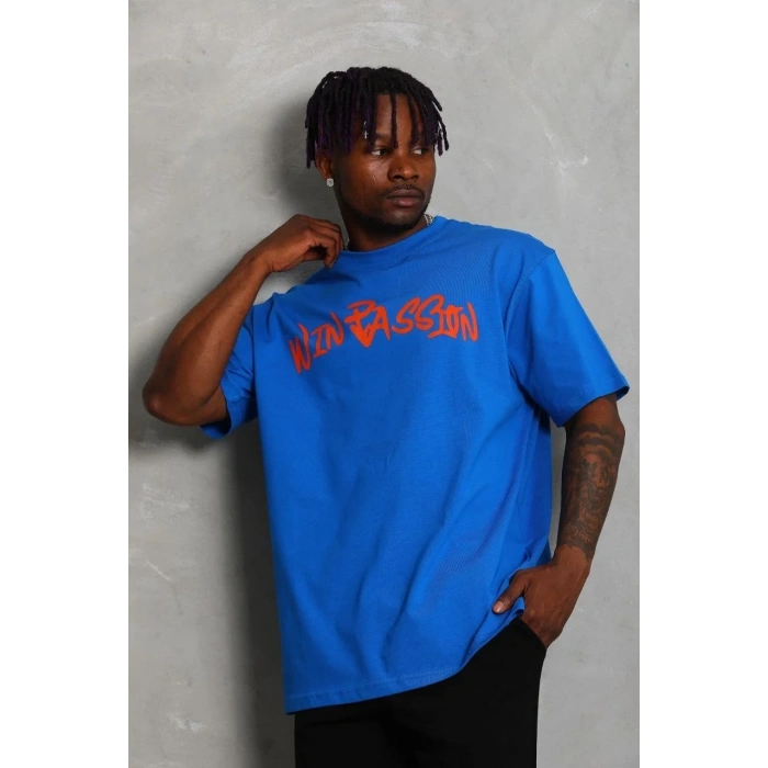 Erkek Baskılı Tişört Kısa Kol Bisiklet Yaka Oversize T-Shirt - Mavi