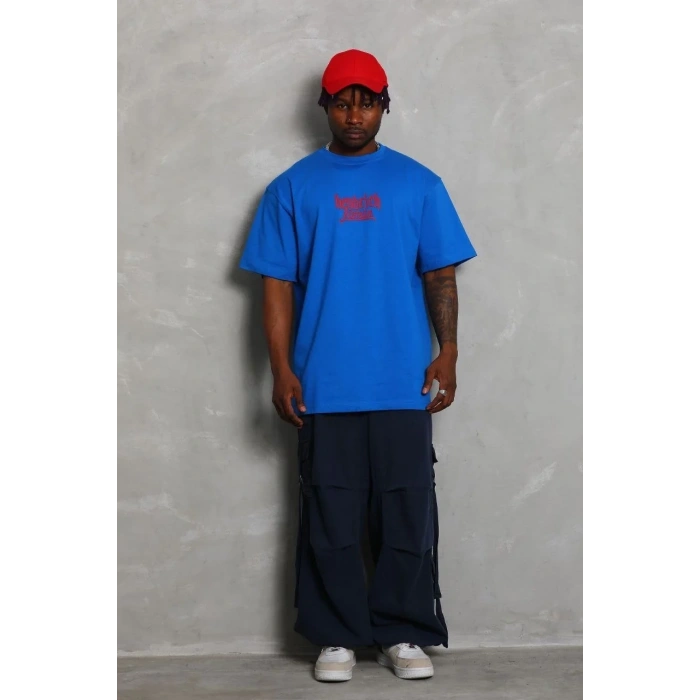 Erkek Baskılı Tişört Kısa Kol Bisiklet Yaka Oversize T-Shirt - Mavi