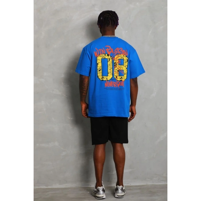 Erkek Baskılı Tişört Kısa Kol Bisiklet Yaka Oversize T-Shirt - Mavi