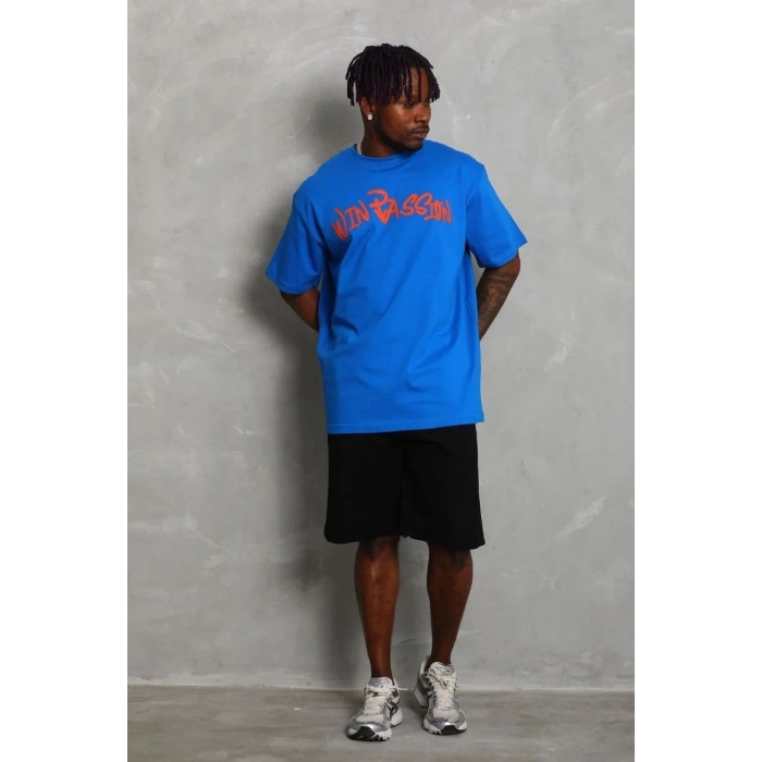 Erkek Baskılı Tişört Kısa Kol Bisiklet Yaka Oversize T-Shirt - Mavi