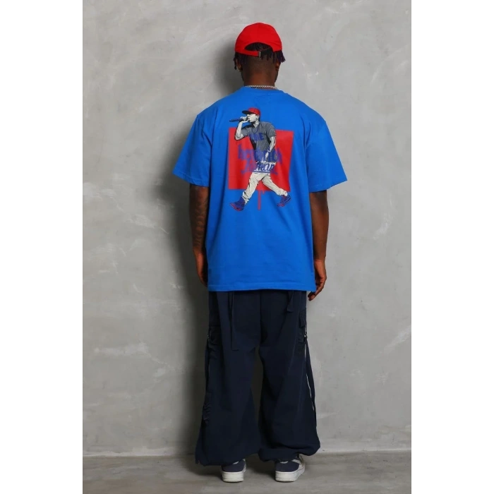 Erkek Baskılı Tişört Kısa Kol Bisiklet Yaka Oversize T-Shirt - Mavi