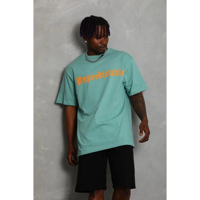 Erkek Baskılı Tişört Kısa Kol Bisiklet Yaka Oversize T-Shirt - Mint Yeşili