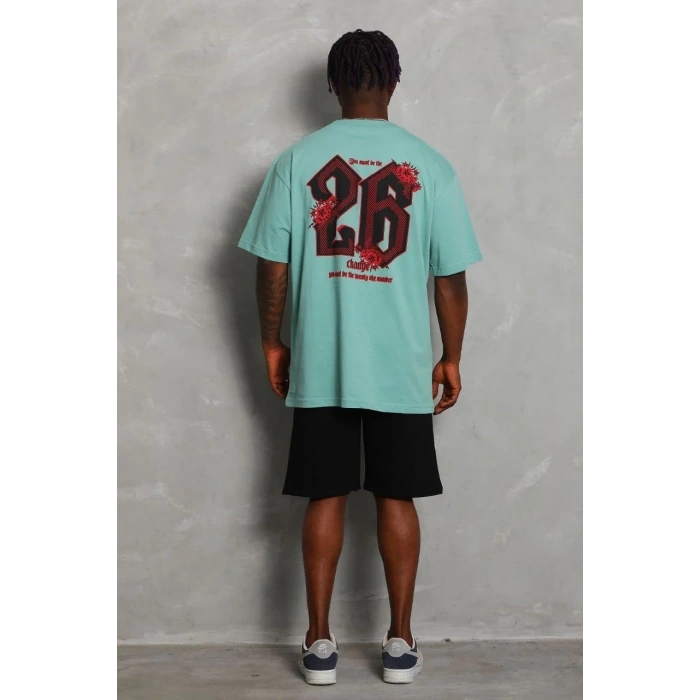 Erkek Baskılı Tişört Kısa Kol Bisiklet Yaka Oversize T-Shirt - Mint Yeşili