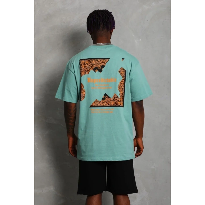 Erkek Baskılı Tişört Kısa Kol Bisiklet Yaka Oversize T-Shirt - Mint Yeşili