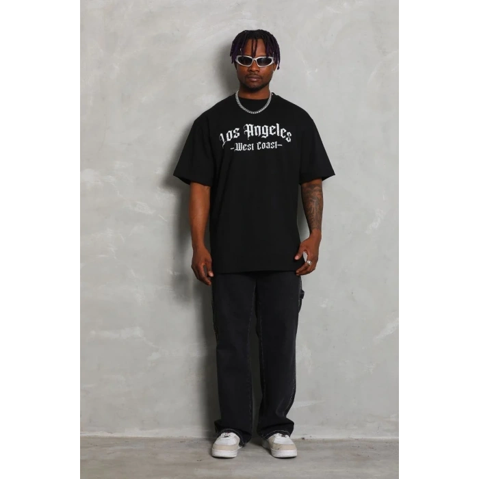 Erkek Baskılı Tişört Kısa Kol Bisiklet Yaka Oversize T-Shirt - Siyah