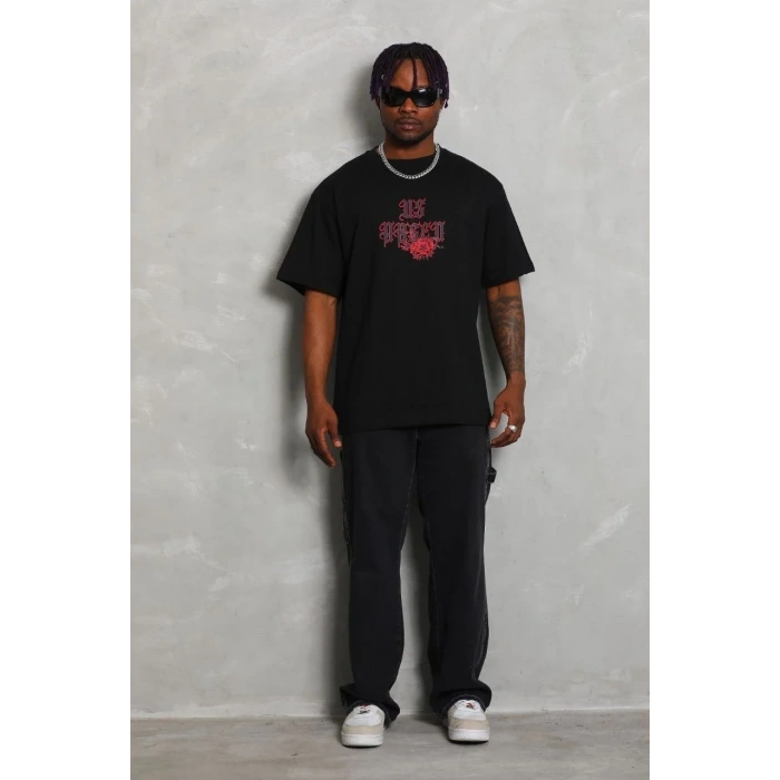 Erkek Baskılı Tişört Kısa Kol Bisiklet Yaka Oversize T-Shirt - Siyah