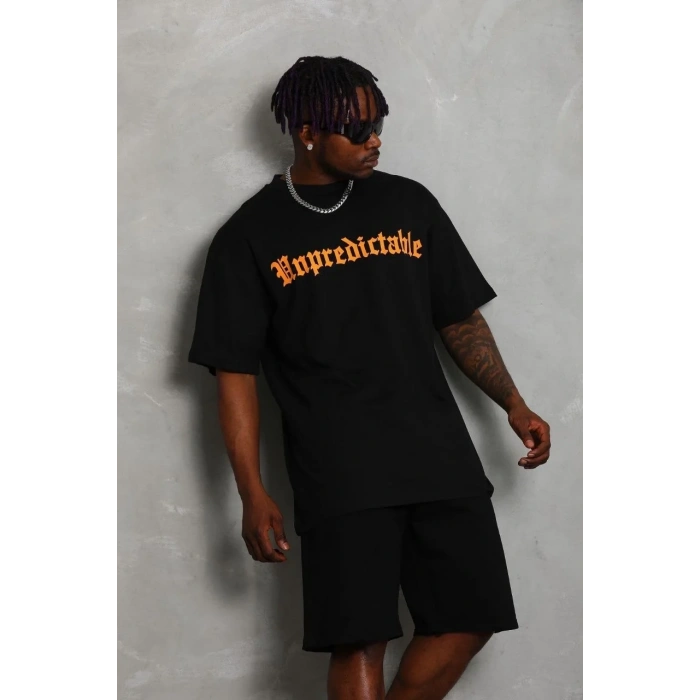 Erkek Baskılı Tişört Kısa Kol Bisiklet Yaka Oversize T-Shirt - Siyah