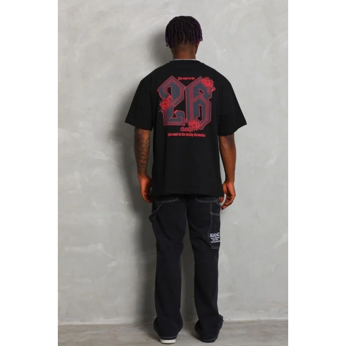 Erkek Baskılı Tişört Kısa Kol Bisiklet Yaka Oversize T-Shirt - Siyah
