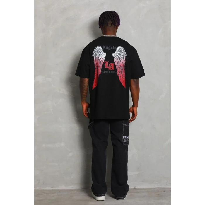 Erkek Baskılı Tişört Kısa Kol Bisiklet Yaka Oversize T-Shirt - Siyah